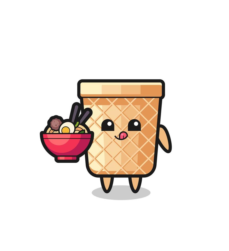 personagem de cone de waffle fofo comendo macarrão vetor