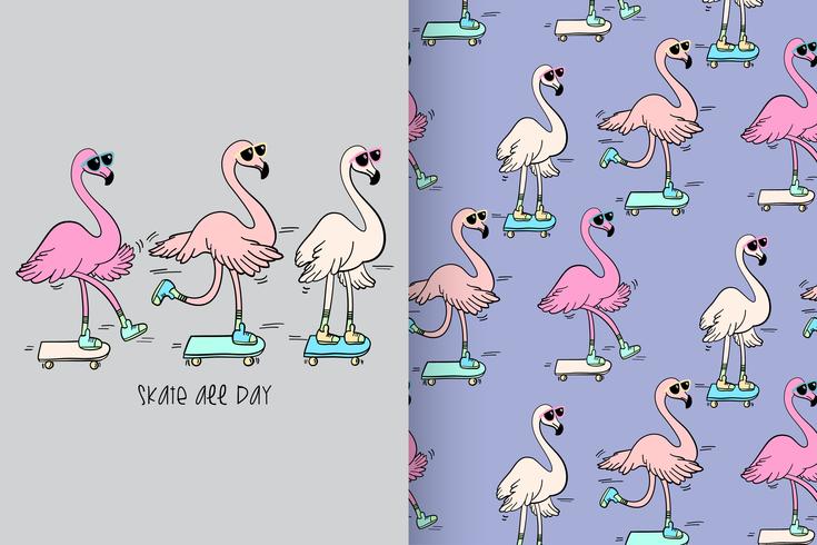 Skate o dia inteiro mão desenhada Flamingo padrão vetor