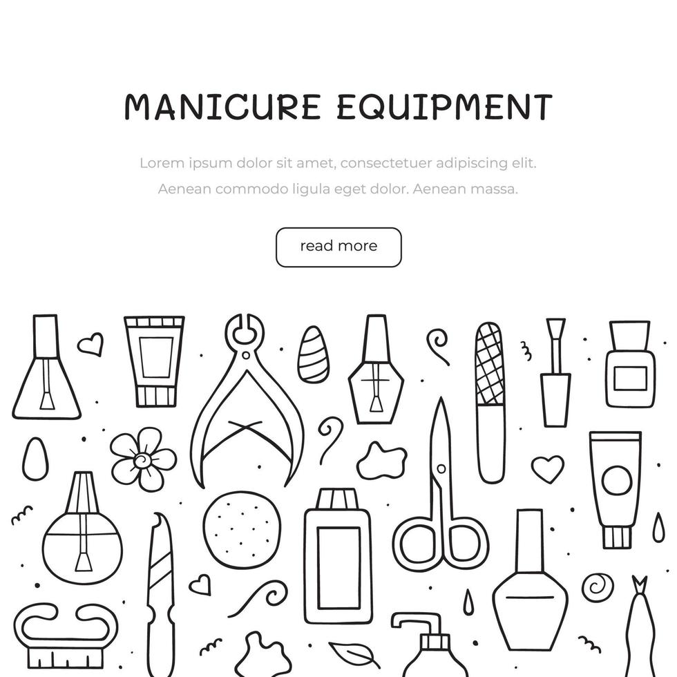 conjunto de equipamentos de manicure. design de modelo de salão de unhas. esboço de doodle desenhado de mão. ilustração de linha vetorial para site, banner, plano de fundo. vetor