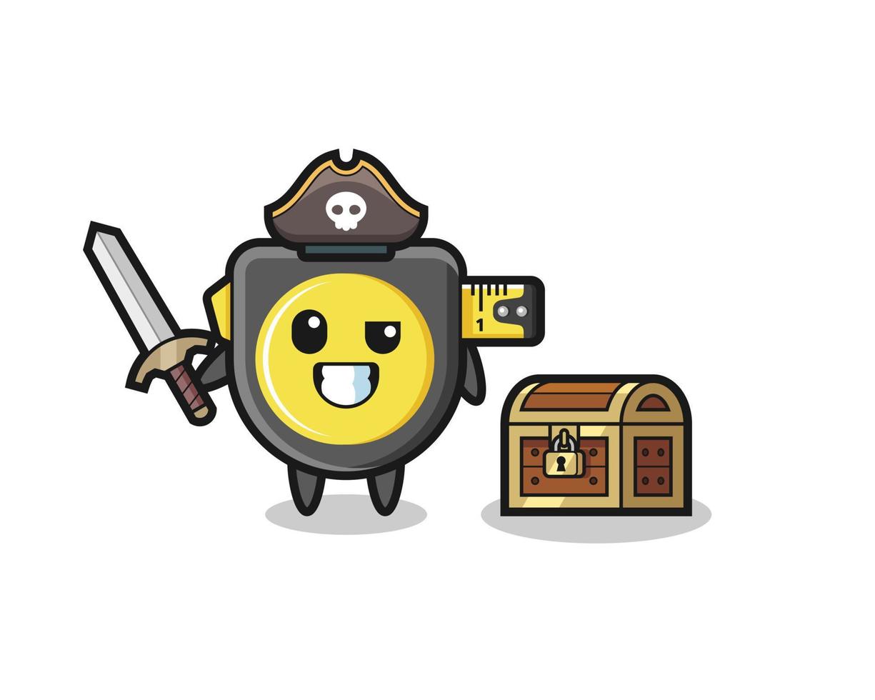 o personagem pirata de fita métrica segurando a espada ao lado de uma caixa de tesouro vetor