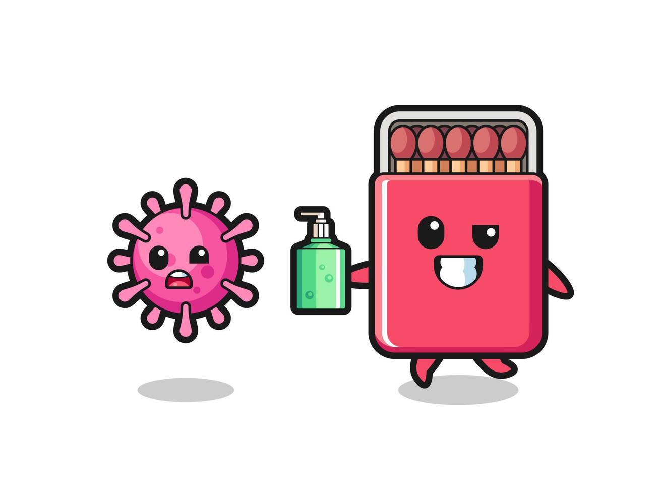 ilustração de personagem de caixa de fósforos perseguindo vírus maligno com desinfetante para as mãos vetor
