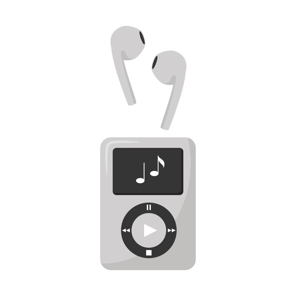 tocador de música digital cinza e fones de ouvido sem fio. dispositivo eletrônico para ouvir música, livros, rádio, podcasts. um elemento de projeto. ilustração vetorial de cor lisa. Isolado em um fundo branco. vetor