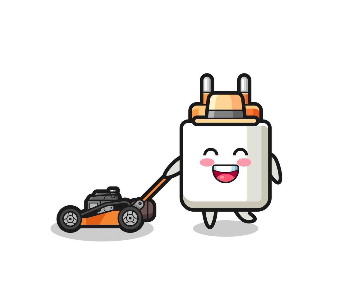 ilustração do personagem do adaptador de energia usando cortador de grama vetor