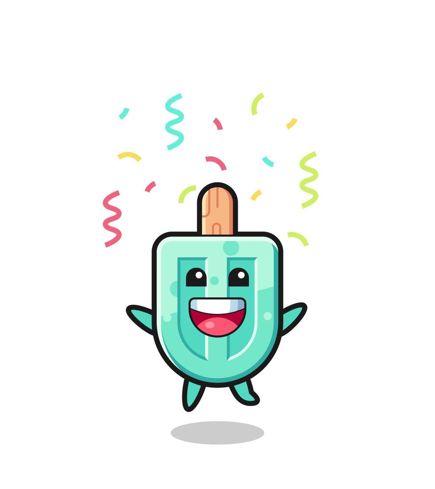 mascote de picolés feliz pulando de parabéns com confete de cor vetor