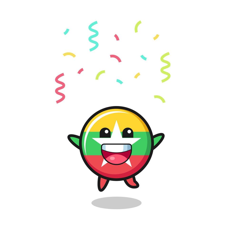 feliz mascote da bandeira de mianmar pulando para parabéns com confete de cor vetor