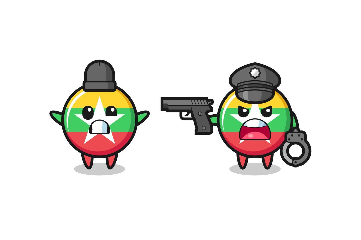 ilustração de ladrão de bandeira de mianmar com as mãos para cima pose pego pela polícia vetor