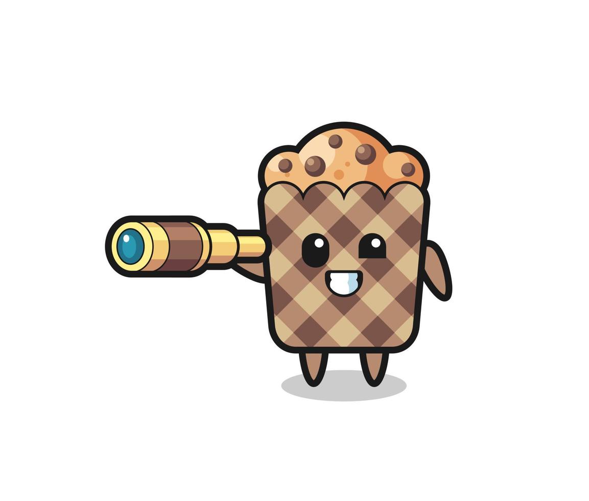 personagem de muffin fofo está segurando um telescópio antigo vetor