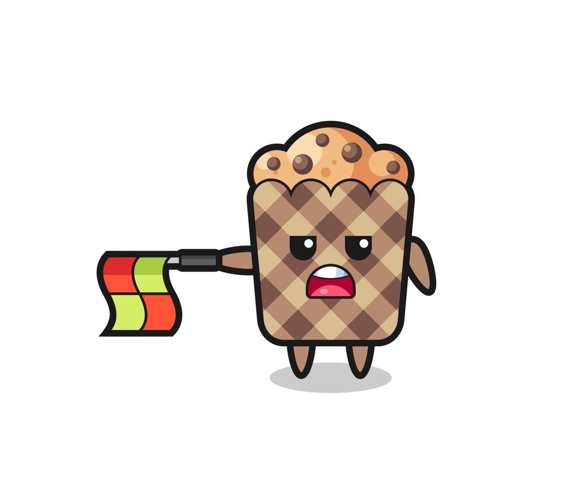 personagem de muffin como juiz de linha segura a bandeira na horizontal vetor