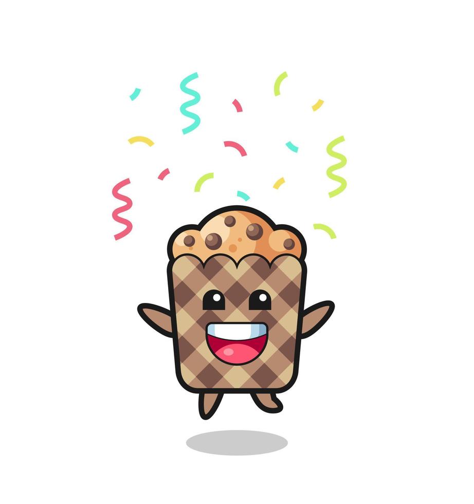 mascote de muffin feliz pulando de parabéns com confete de cor vetor