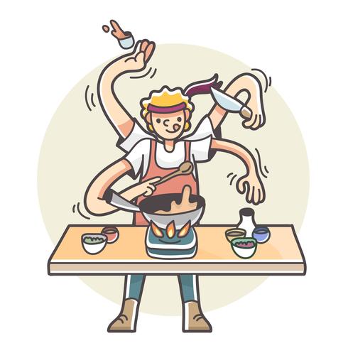 Homem com vários braços cozinhando ilustração multitarefa vetor