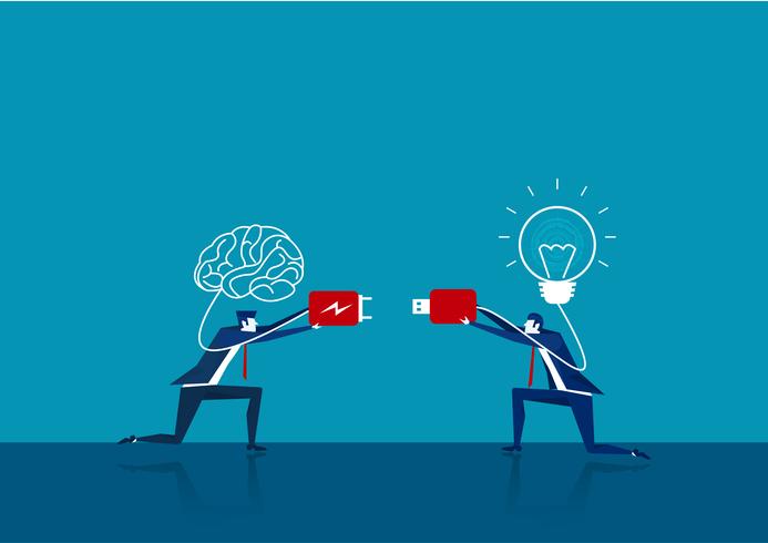 dois negócios conectar plug cérebro e lâmpada vetor