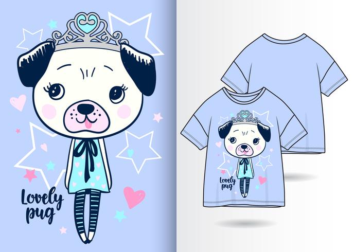 Design de camisa desenhada linda mão Pug T vetor