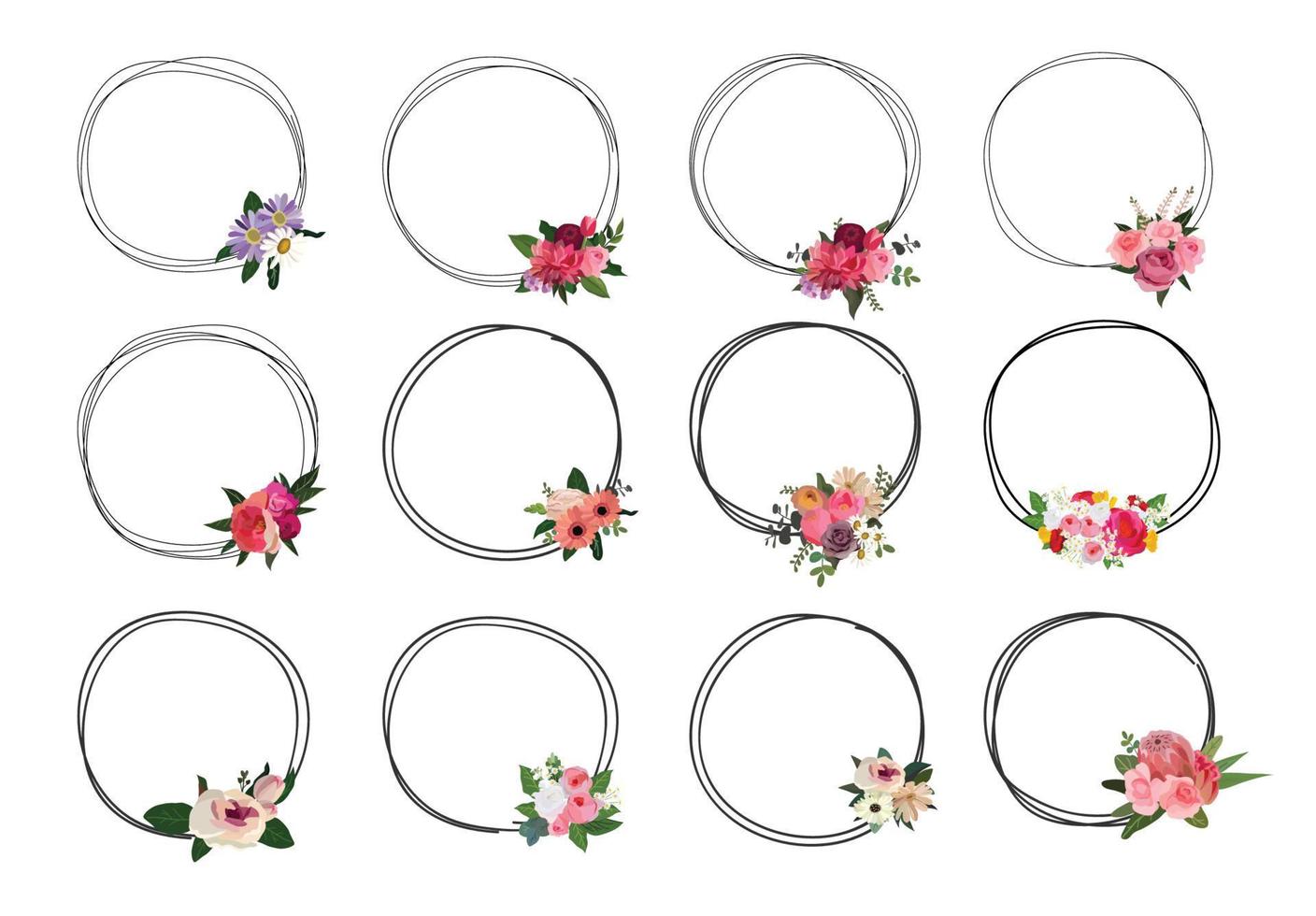 conjunto de coroa de flores linda, conjunto de quadros florais. ilustração vetorial. vetor