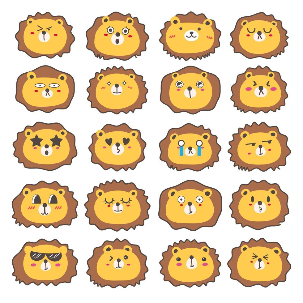 conjunto de emoticons de rosto de leão, design de personagens de leão fofo. ilustração vetorial. vetor
