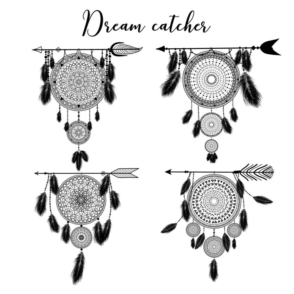 apanhador de sonhos indiano desenhado à mão com penas. ilustração vetorial. design étnico, boho chic, símbolo tribal. vetor
