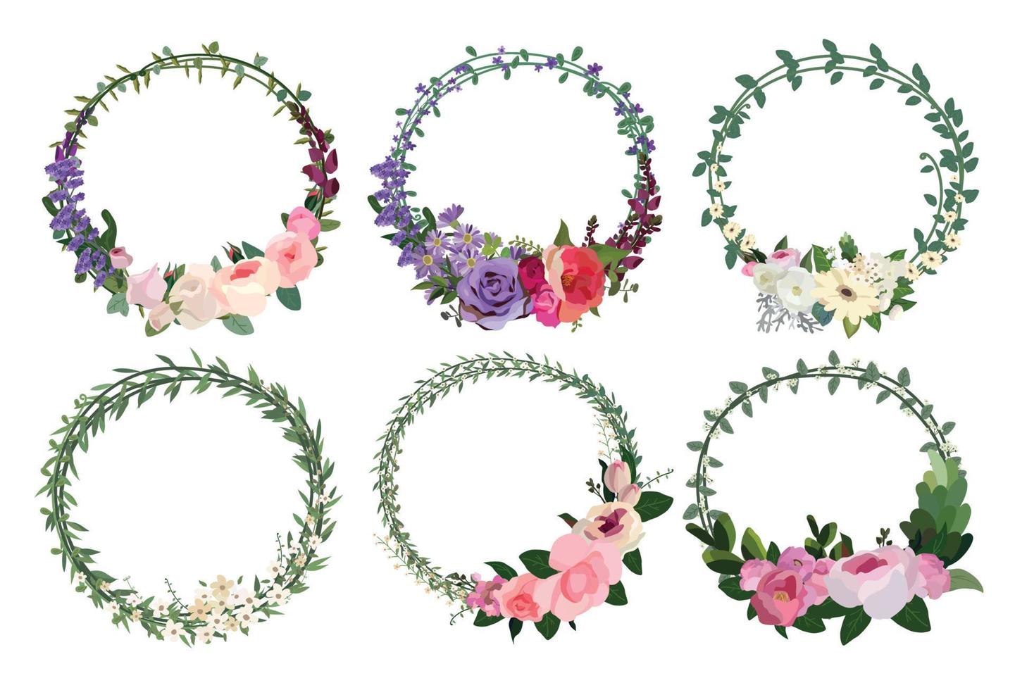 conjunto de coroa de flores linda, conjunto de quadros florais. ilustração vetorial. vetor