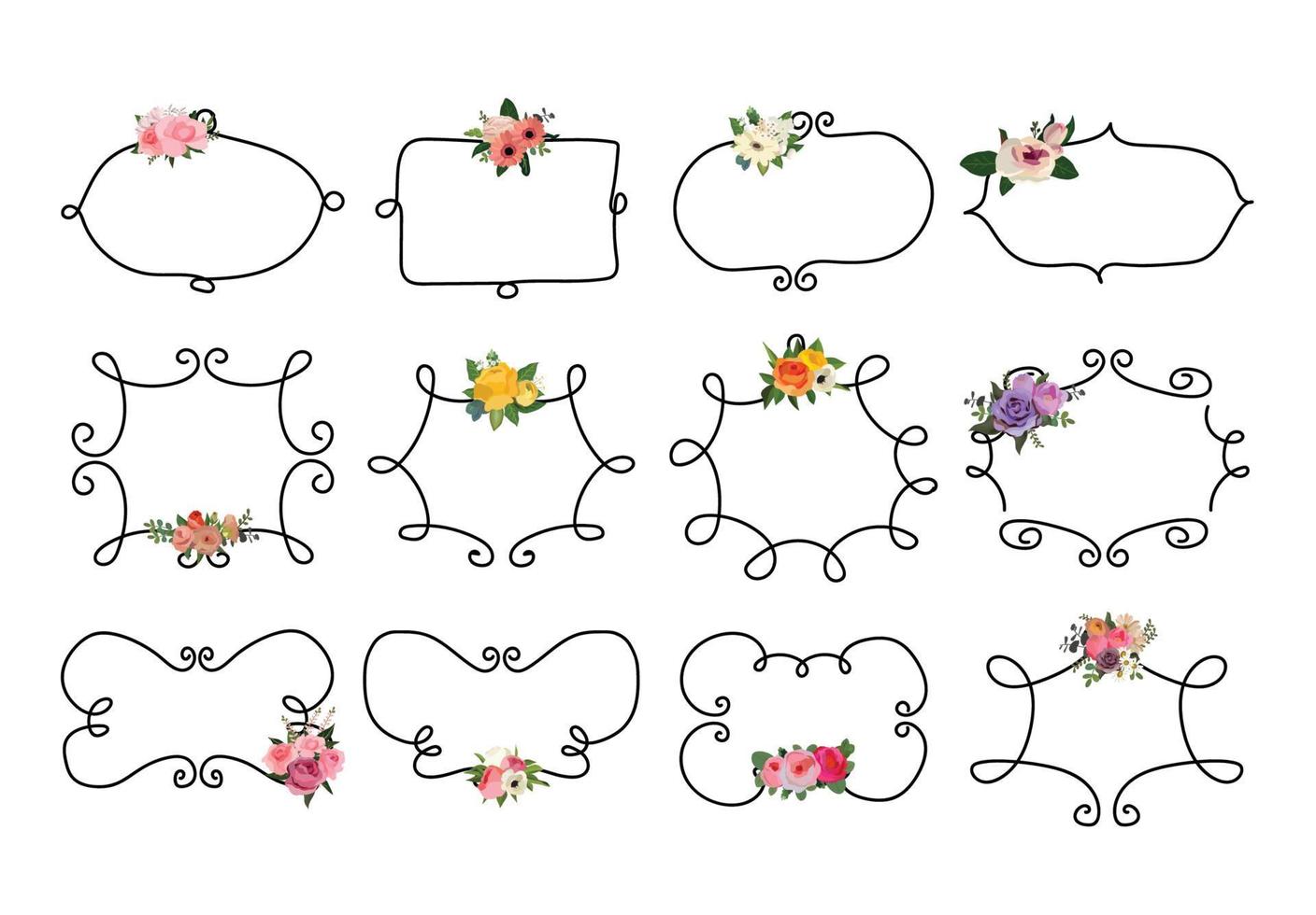 conjunto de coroa de flores linda, conjunto de quadros florais. ilustração vetorial. vetor