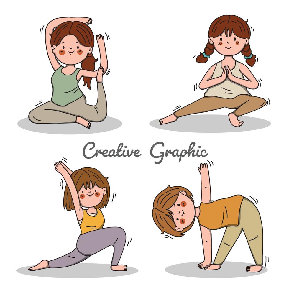 coleção de poses de ioga desenhada à mão. ilustração em vetor de jovem feliz.