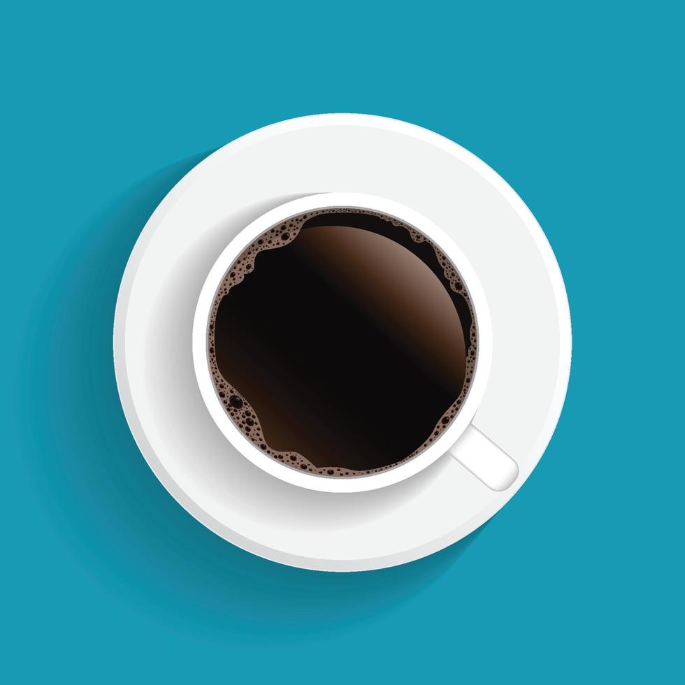 xícara de café preto realista vista superior e pires isolados sobre fundo azul. ilustração vetor