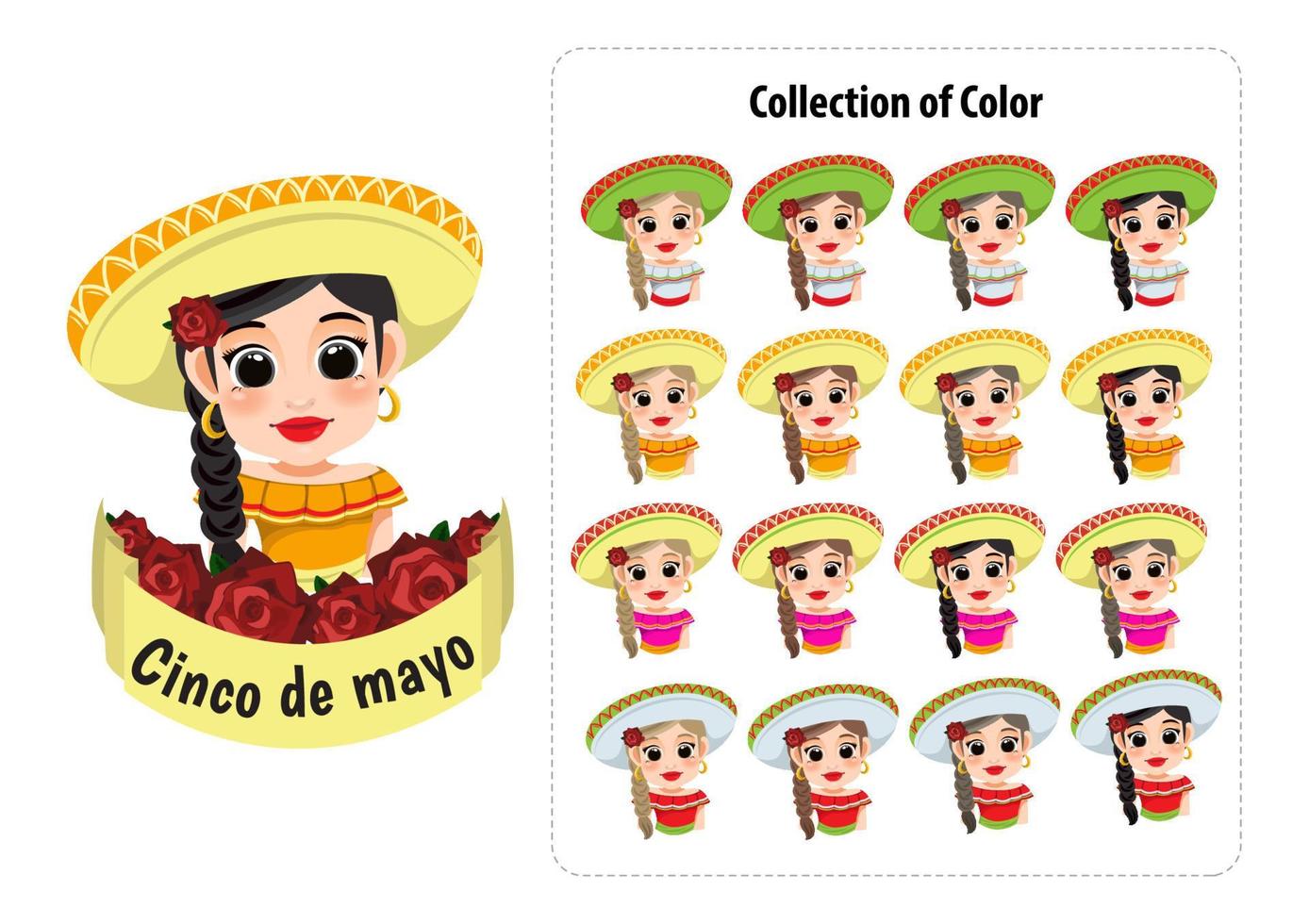 cinco de maio - 5 de maio, feriado federal no méxico. banner de cinco de maio e design de logotipo com vetor de personagem de desenho animado de menina mexicana