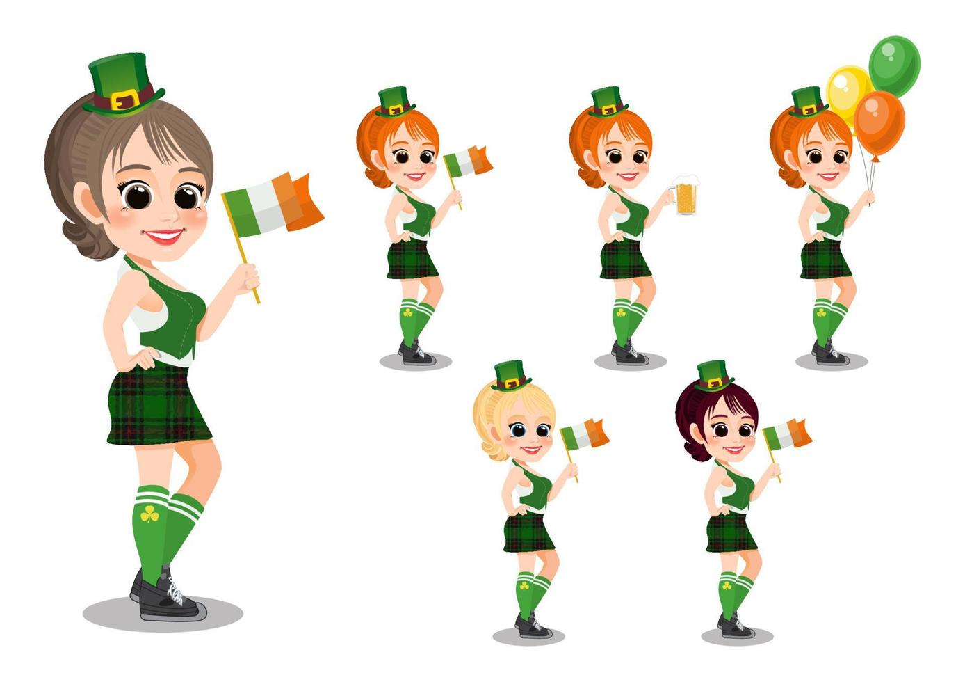 feliz dia de são patrício com menina bonita duende com copo de cerveja, bandeira irlandesa e balão irlandês. vetor de garota de personagem de desenho animado