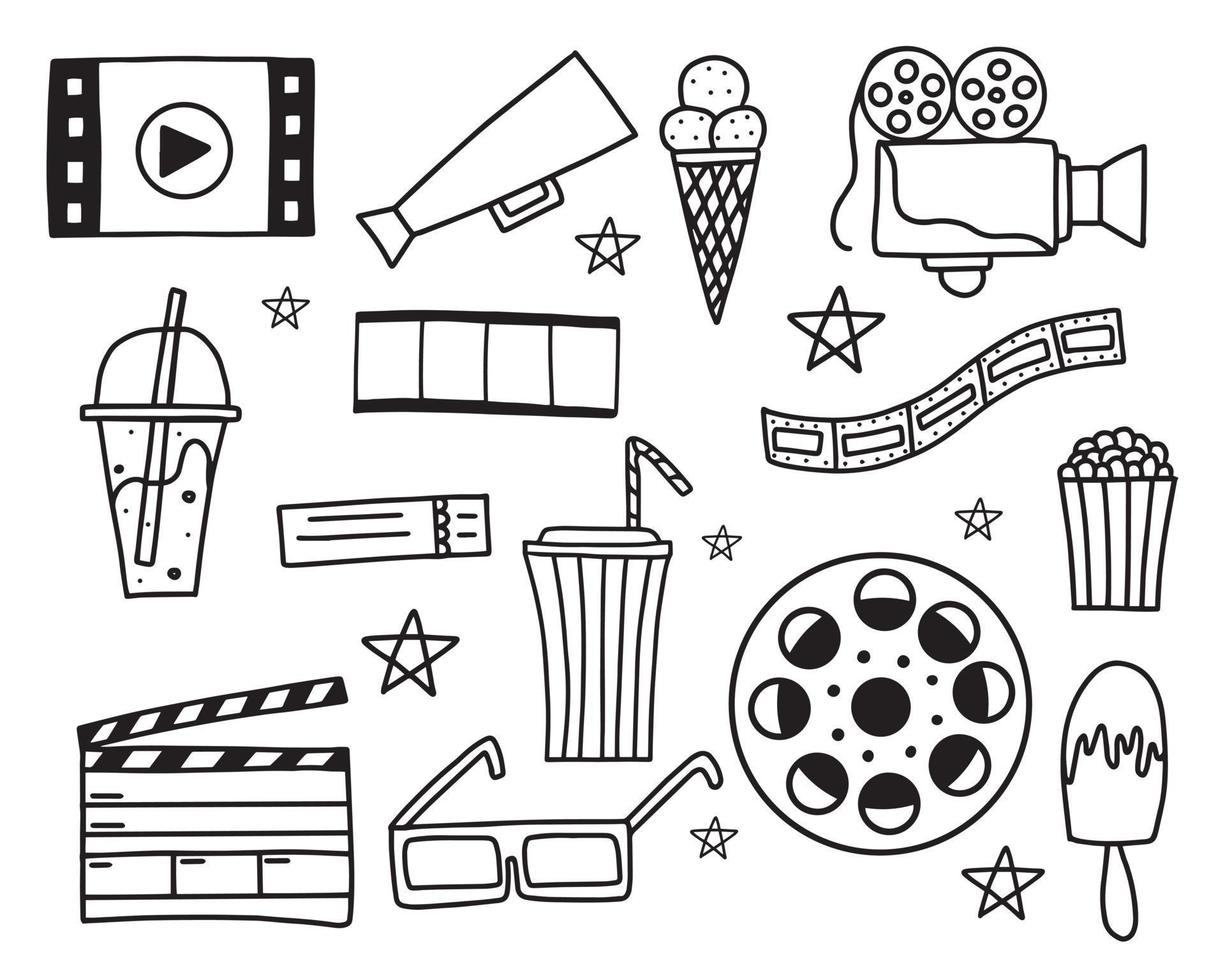 doodle conjunto de elementos de cinema. conjunto de elementos de design abstrato isolado. mão desenhada ilustração vetorial preto e branco. vetor