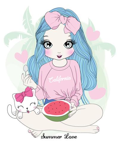 Mão desenhada linda garota comendo melancia com gato vetor