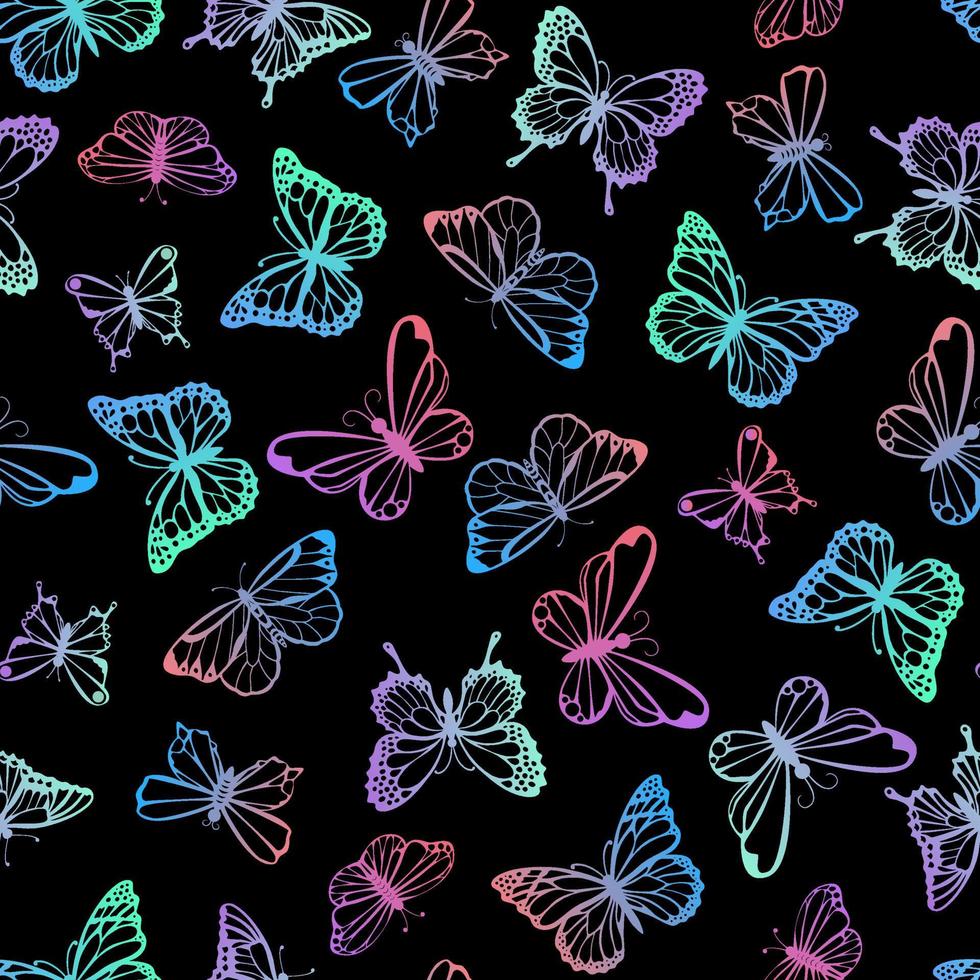 padrão perfeito de borboletas brilhantes em fundo preto vetor