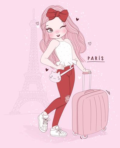Mão desenhada linda garota com mala em Paris com tipografia vetor