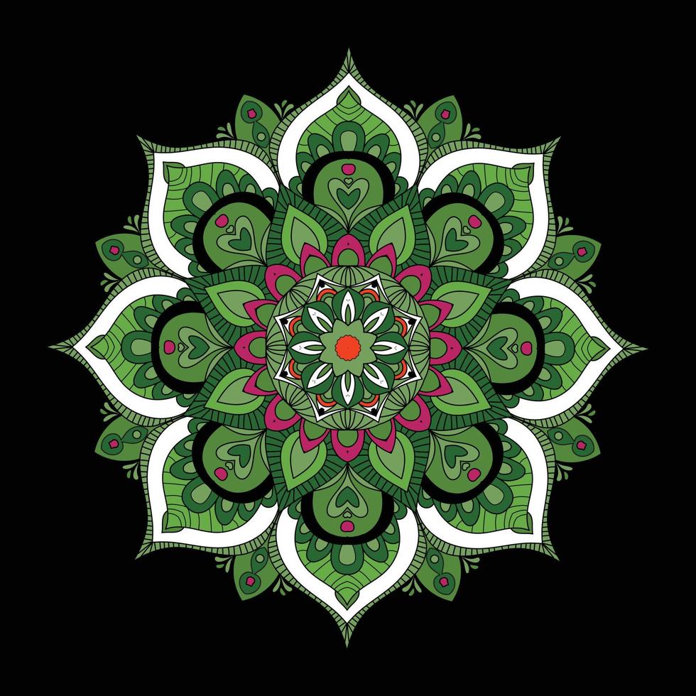 design de mandala floral tropical em fundo escuro, incluindo folhas e flores nas cores verde, rosa, vermelho, preto, branco vetor