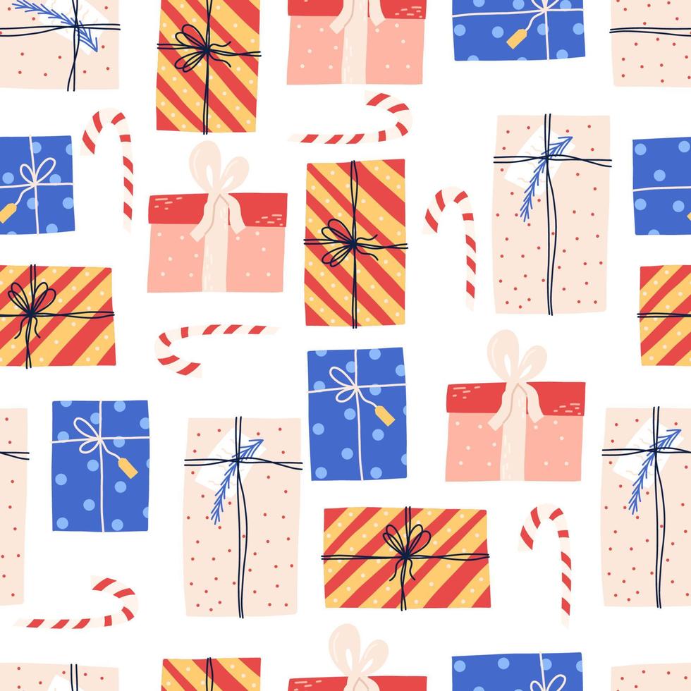 caixas de presente e cana de doces padrão sem emenda de Natal - ilustração vetorial plana no fundo branco. ótimo para design de papel de embrulho de férias. vetor