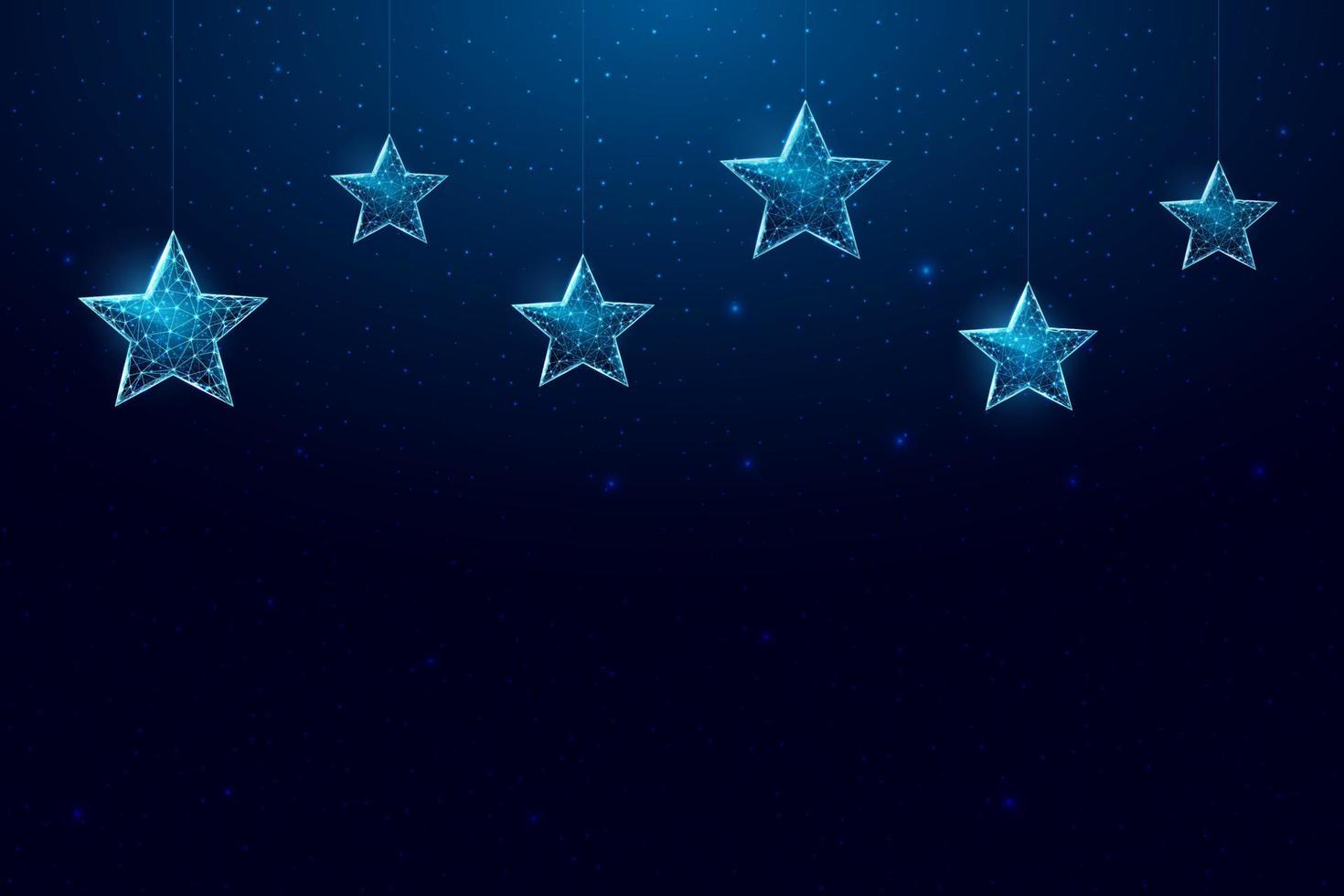 estrelas de wireframe, estilo low poly. banner para o conceito de natal ou ano novo com um lugar para uma inscrição. ilustração em vetor 3d moderno abstrato sobre fundo azul.