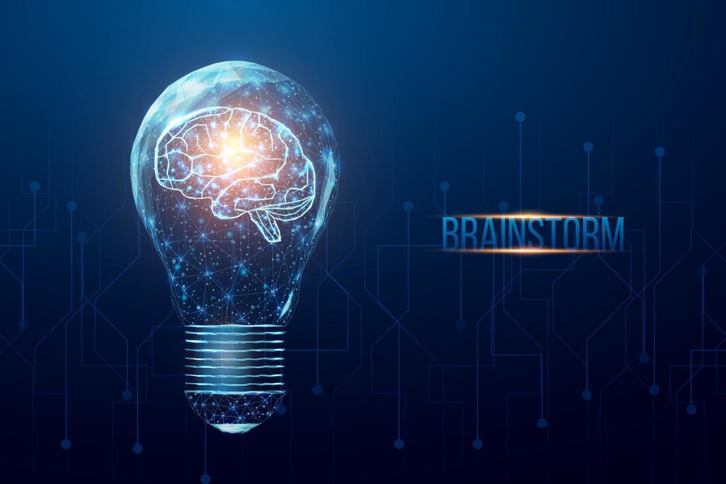 cérebro humano poligonal de wireframe em uma lâmpada. ideia de negócio, conceito de brainstorming com lâmpada brilhante de baixo poli. vetor