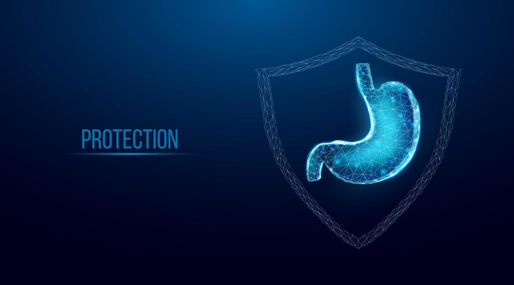 proteção do estômago humano. estilo de baixo poli de wireframe. conceito para tratamento médico, farmacológico do sistema digestivo. ilustração em vetor 3d moderno abstrato em fundo azul escuro.