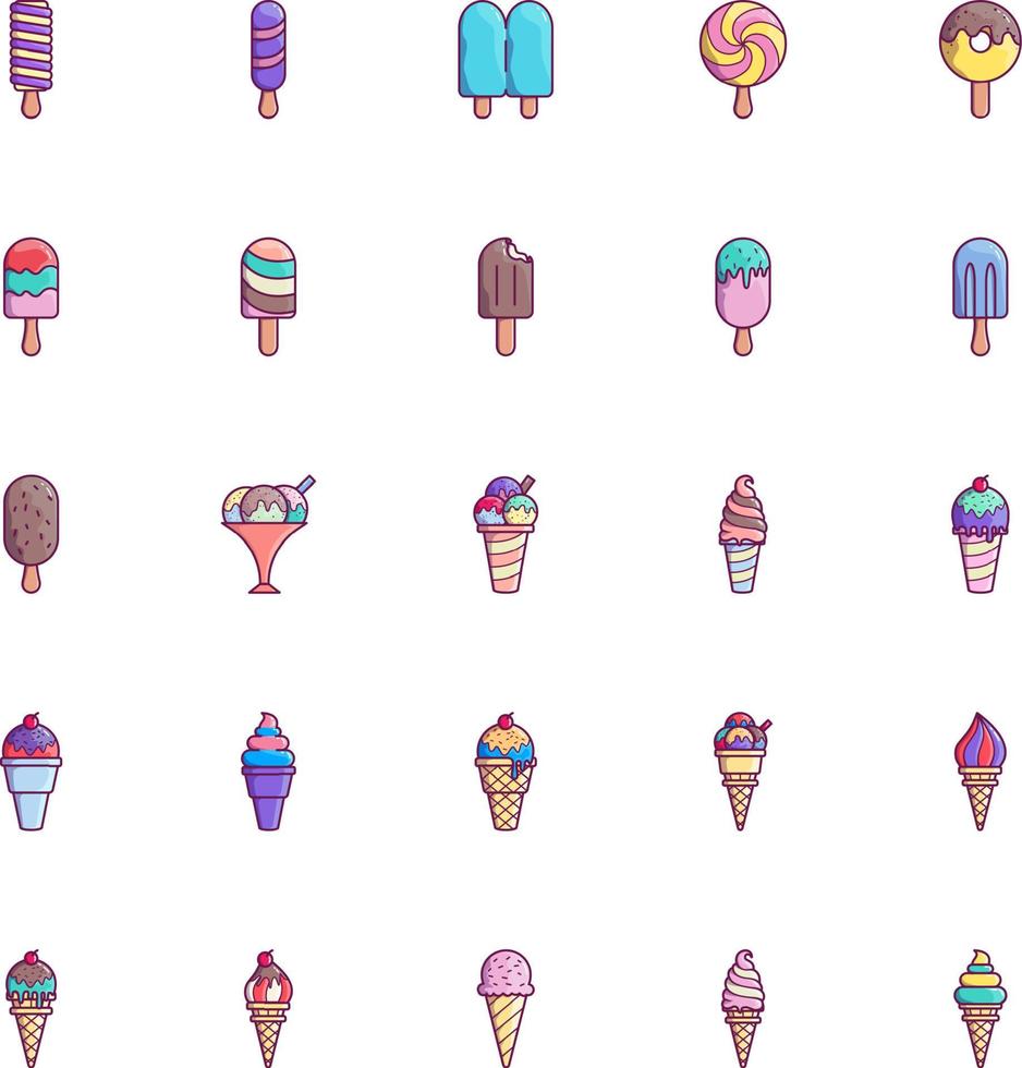 25 ícones de sorvete conjunto 1, pacote de ícones de sorvete de cor linear vetor