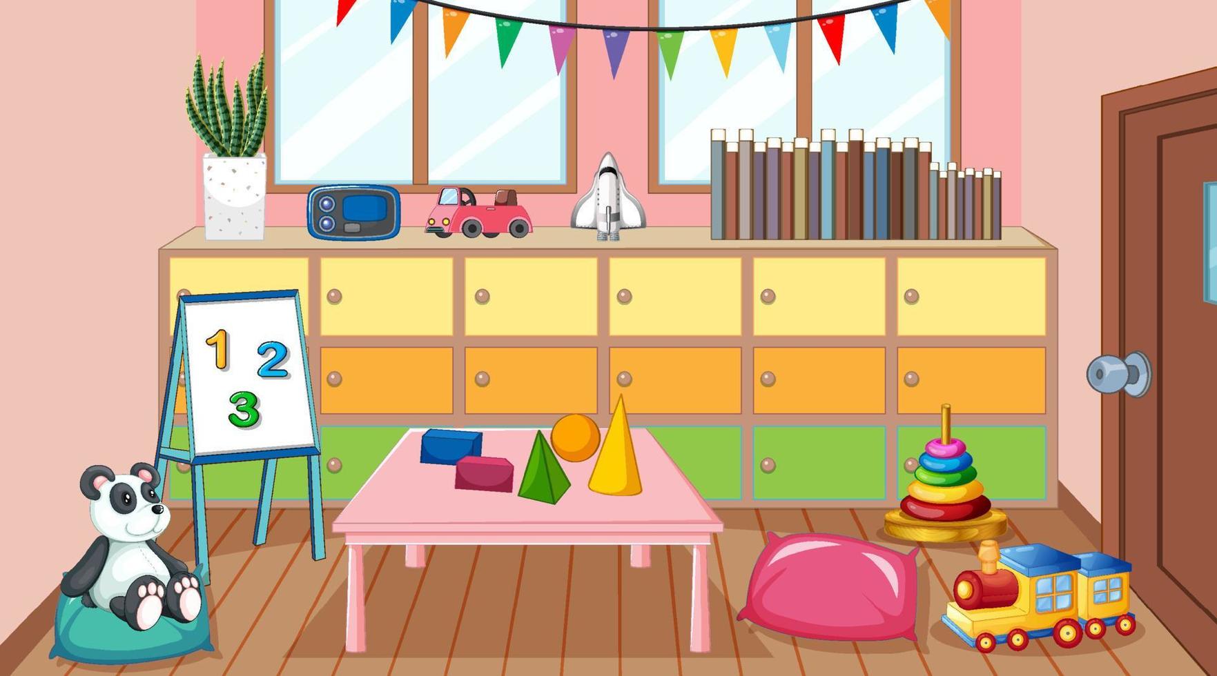interior vazio da sala de aula do jardim de infância com muitos brinquedos infantis vetor
