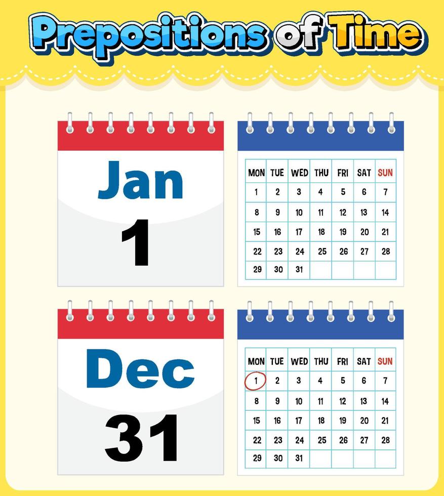 preposição de tempo com calendário vetor