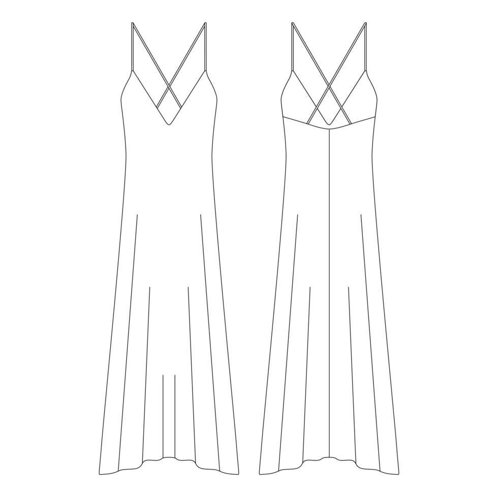 modelo vestido de lingerie longo cruzar costas profundo decote em v ilustração vetorial design plano roupas de contorno vetor