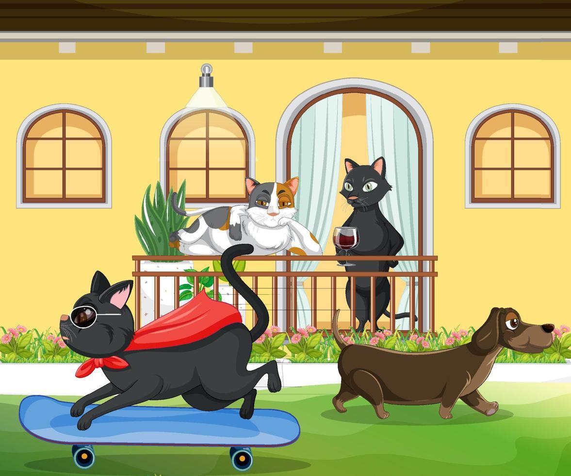 cena ao ar livre com cães e gatos de desenho animado vetor