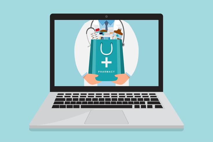 Médico de farmácia on-line com saco de remédios dentro do laptop vetor