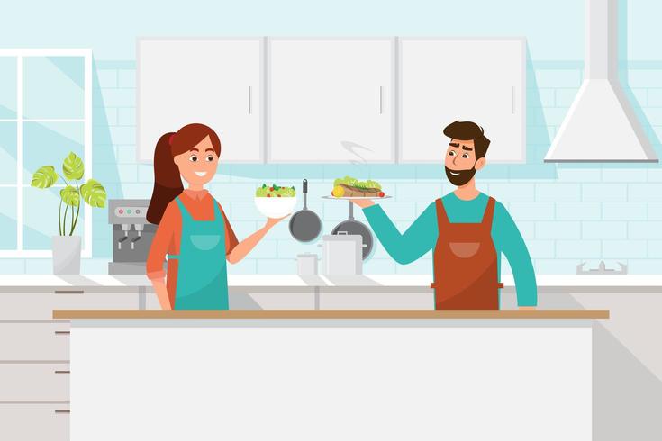 Marido e mulher cozinhando juntos vetor