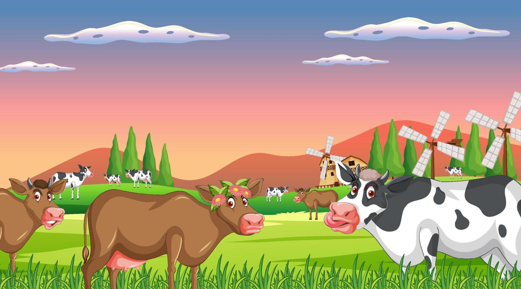 cena de fazenda de vacas ao ar livre com desenhos animados de animais felizes vetor