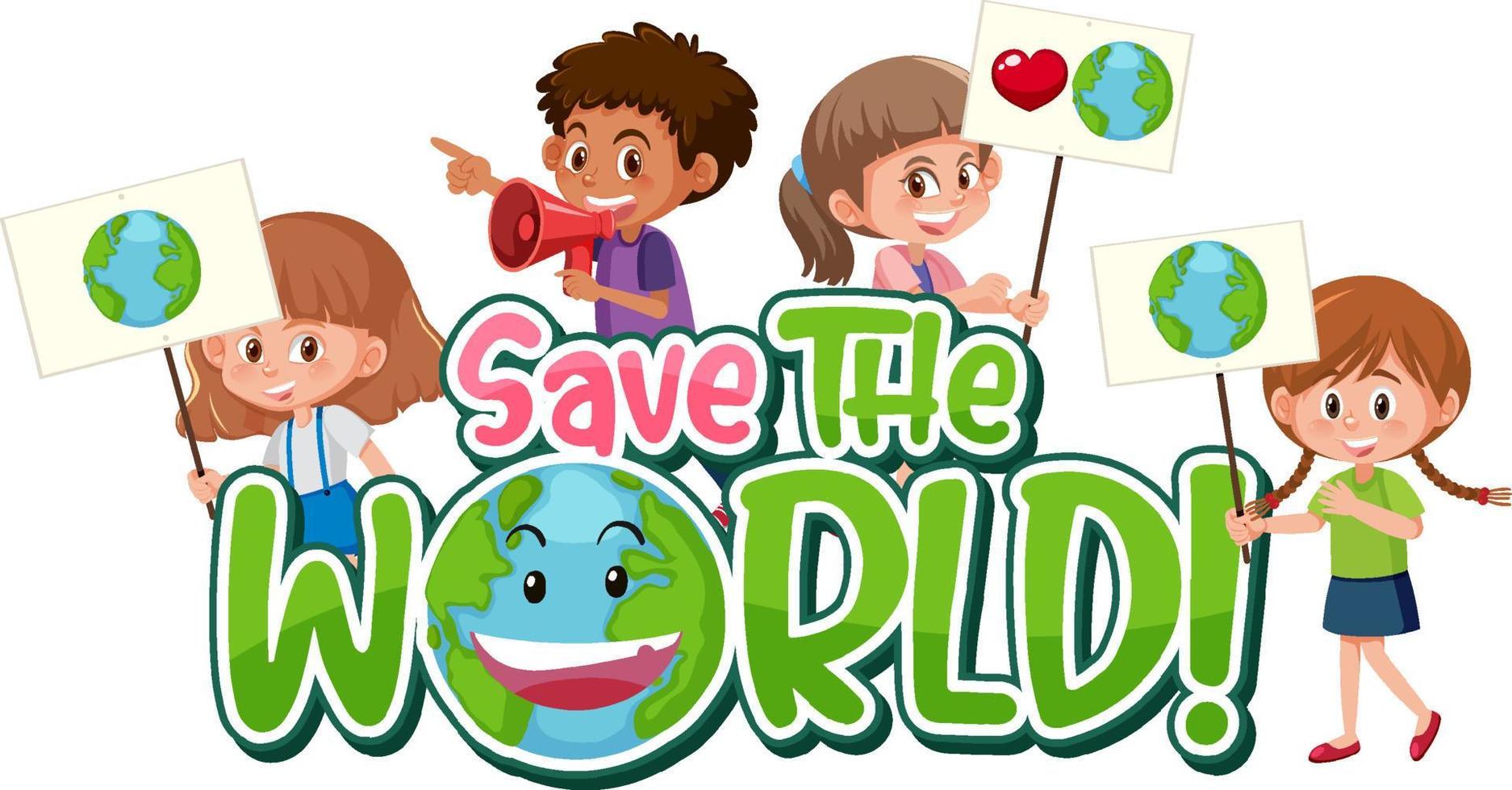 salve o design de pôster do mundo com crianças em estilo cartoon vetor