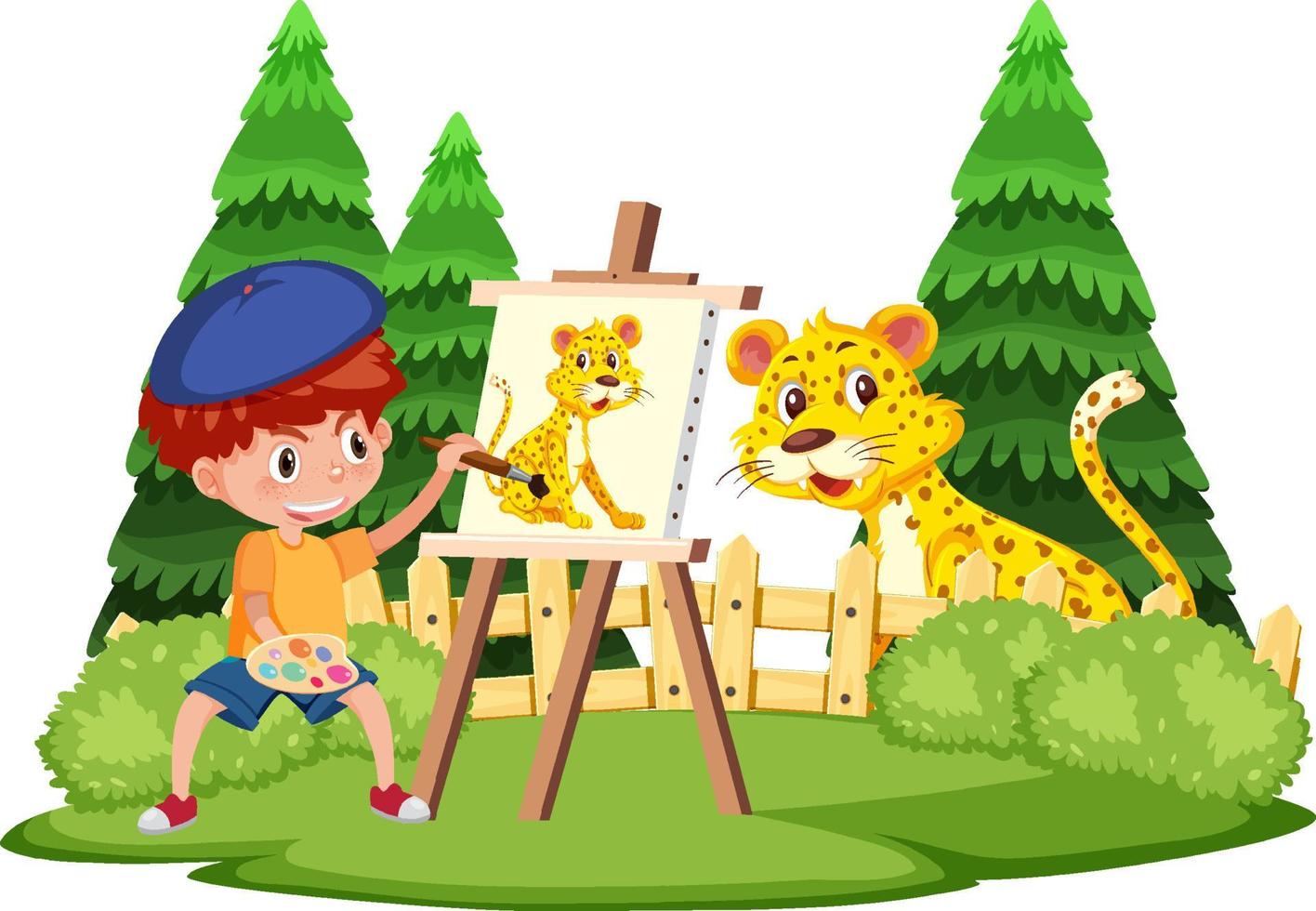 um menino desenhando na tela com tigre vetor