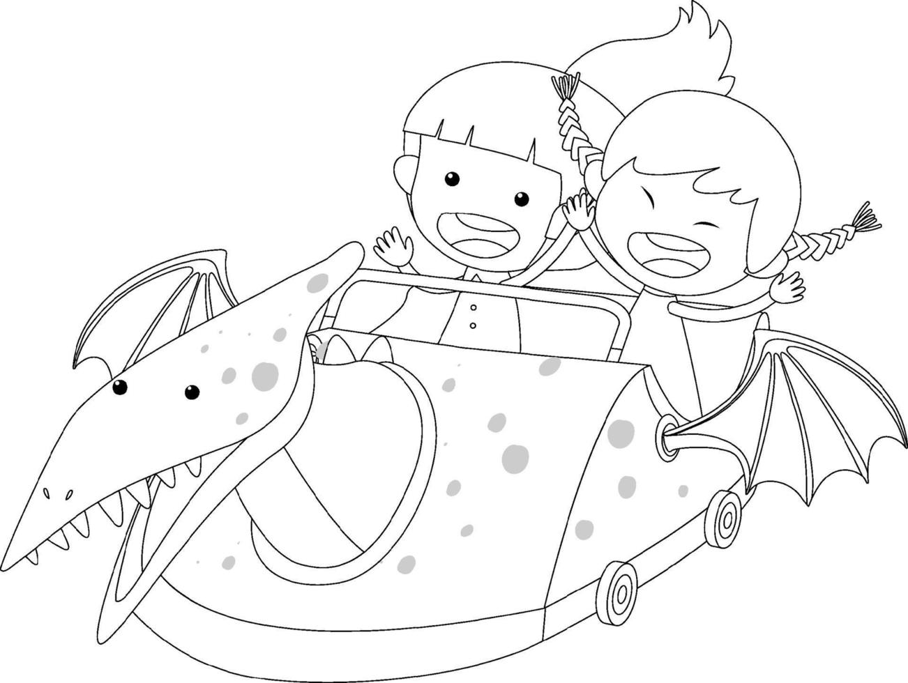duas garotas no personagem de doodle preto e branco de carro de corrida de dinossauro vetor