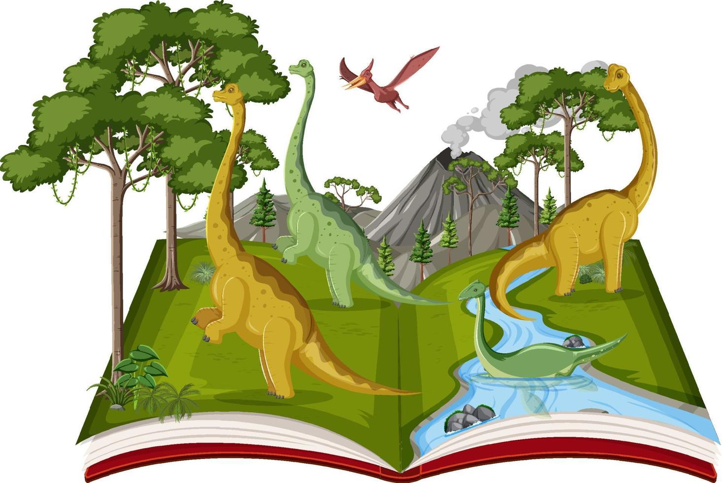 livro com cena de dinossauros na floresta vetor