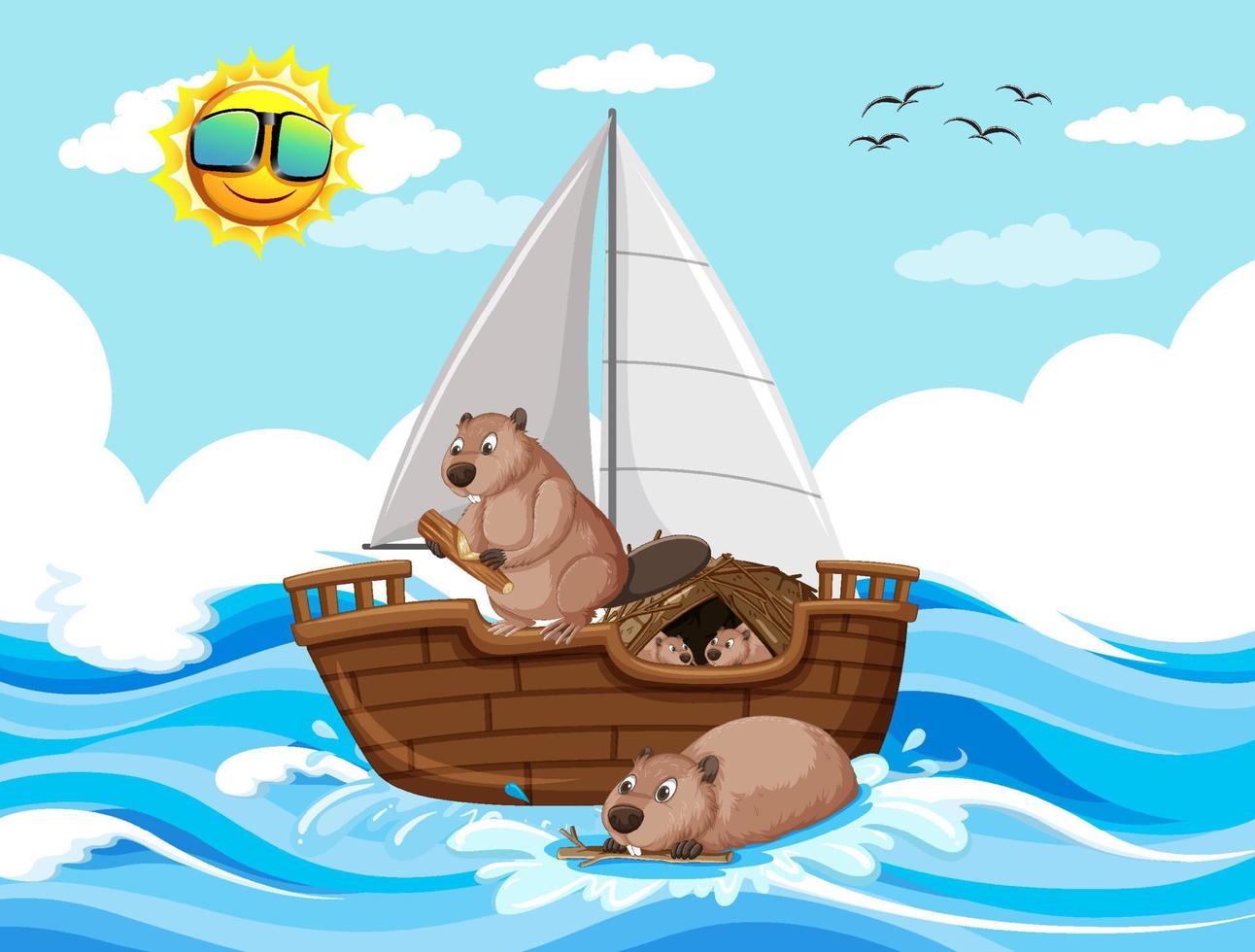 cena do oceano com castores em um veleiro vetor