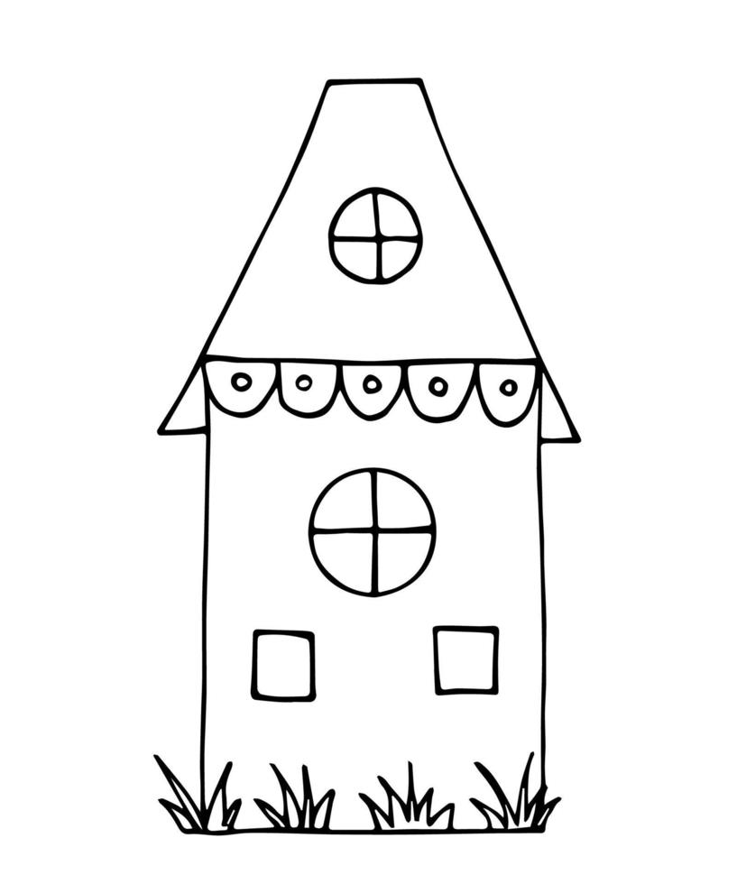 desenho vetorial simples desenhado à mão em contorno preto. casa bonita dos desenhos animados de estilo escandinavo. para estampas, desenhos infantis para colorir, adesivos. vetor