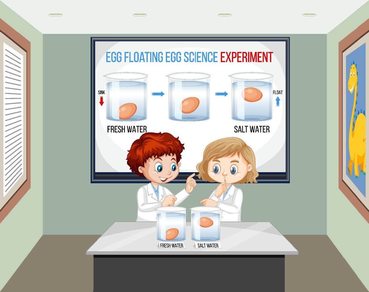 crianças cientistas na sala com experimento científico flutuante de ovo vetor