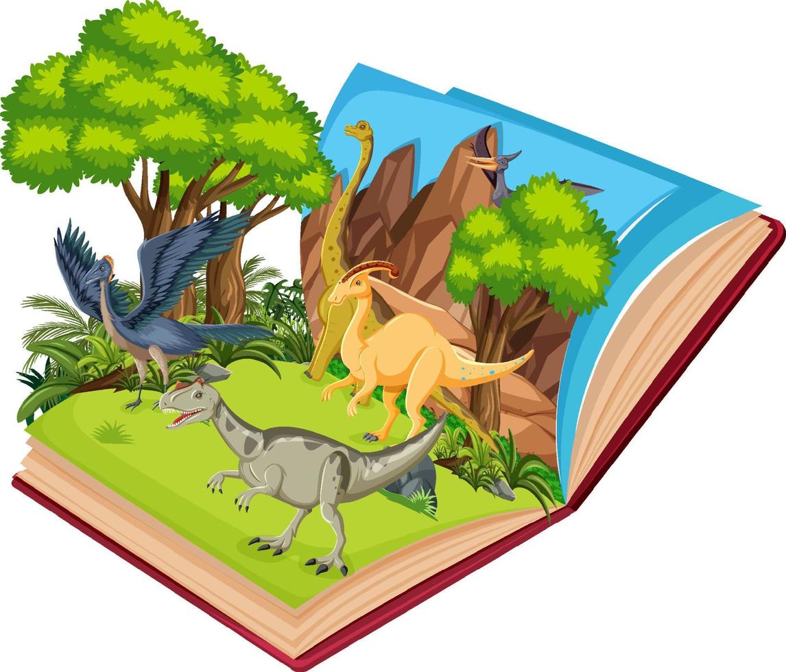 livro pop-up com cena da natureza ao ar livre e dinossauro vetor